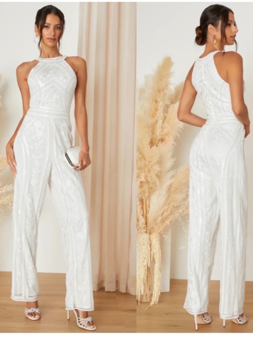 NWOT LULUS Tell Me Everything White Beaded Sequin Wide-Leg Jumpsuit S